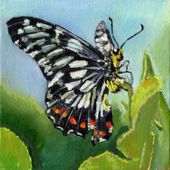 A painting of a butterfly on a leaf