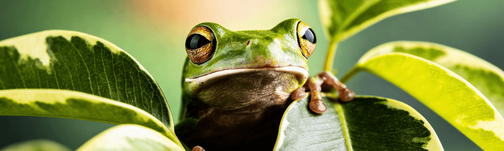 A green frog very cose up reaching over a leaf. It has yellow eyes and appears very contemplatative
