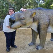 Bronwyn Saunders with a Diprotodon sculpture