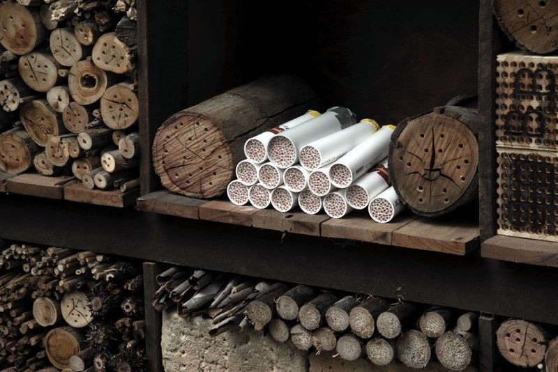 A close-up of the Gardens' bee hotel showing different sized logs and tubes.