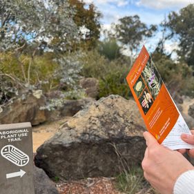 Someone's hands holding an orange flyer in front of a boulder with native plants and trees in the background